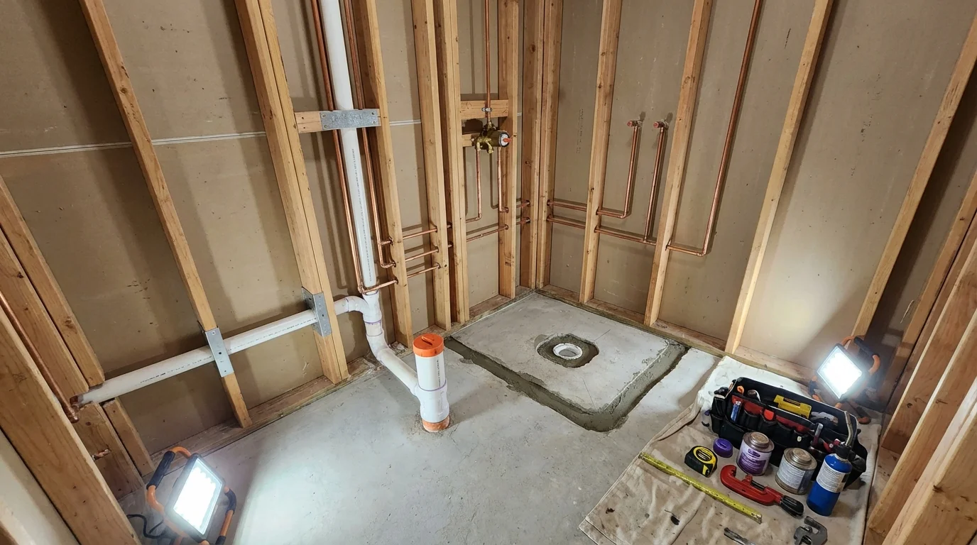 Bathroom rough-in plumbing during remodel by Johns Plumbing LLC in Cornville