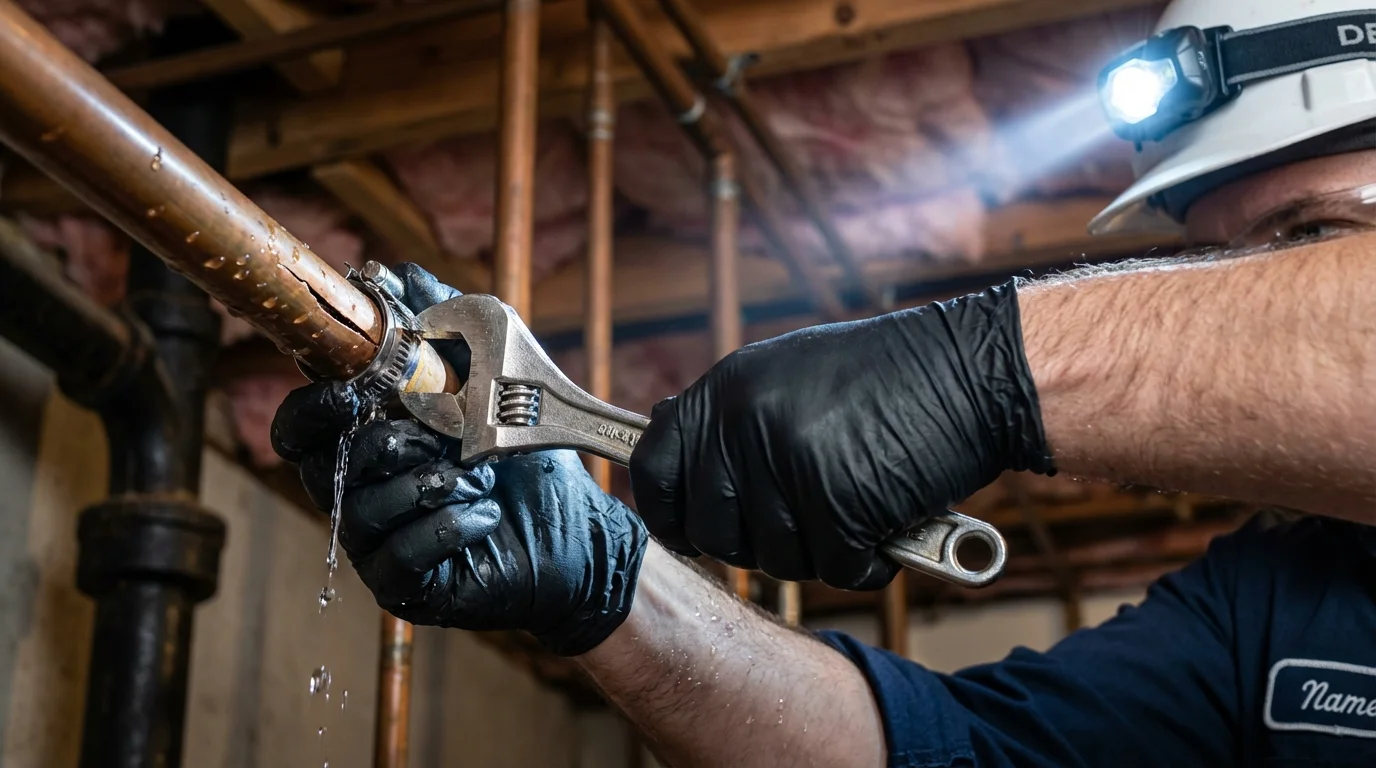 Emergency pipe clamp repair being performed by a Johns Plumbing LLC plumber in Cornville