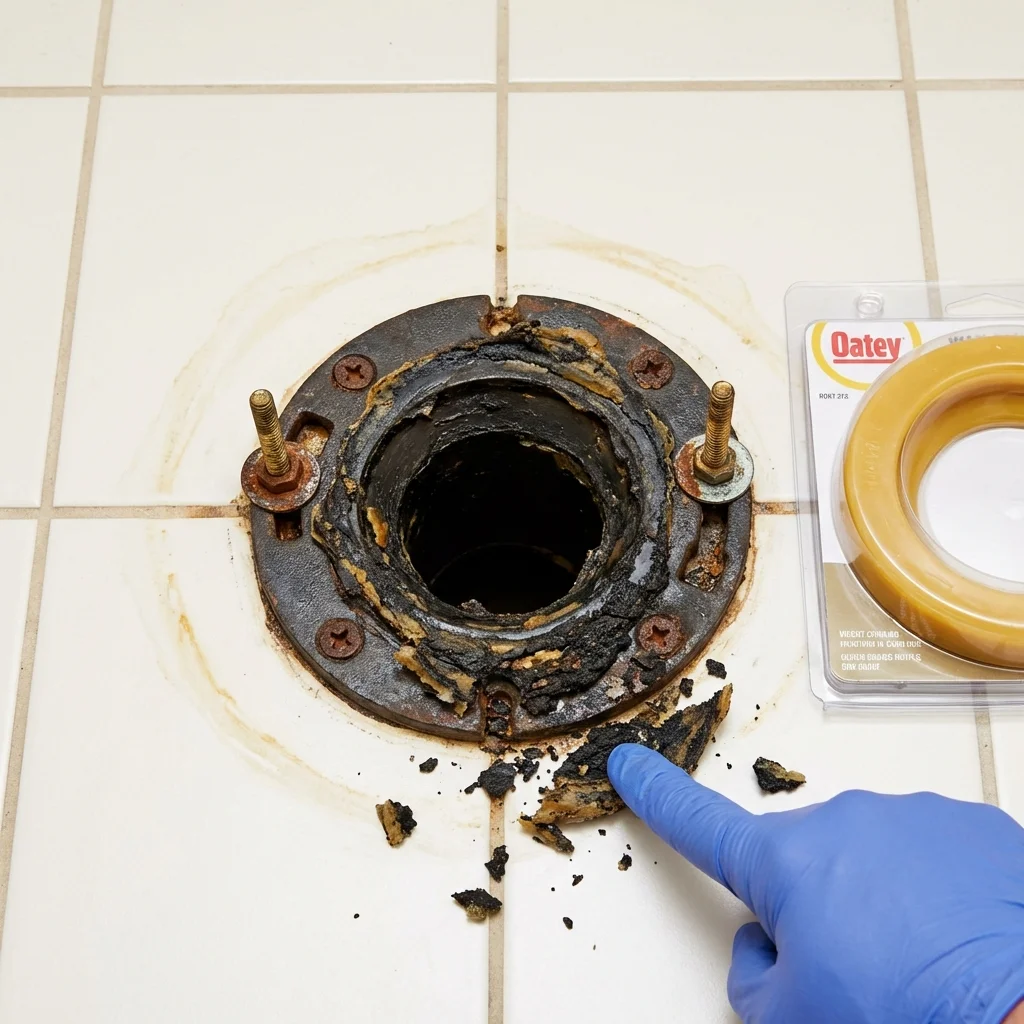 Failed wax ring showing water seepage at the base of a toilet in a Cornville, AZ home