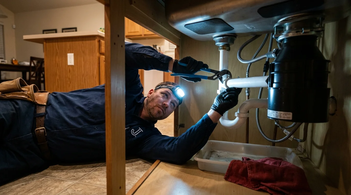P-trap and supply line connections under a kitchen sink showing a common leak point in Cornville, AZ
